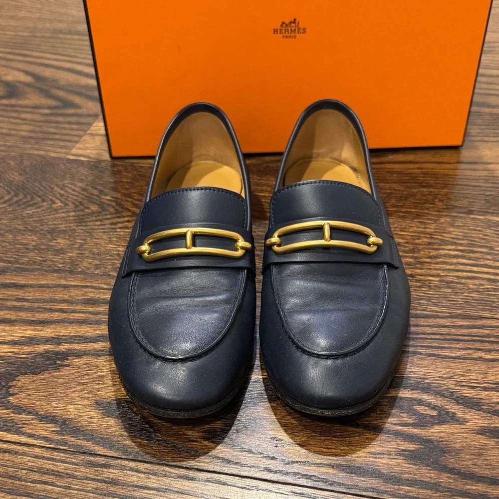 Hermes Colette Navy Blue Loafers with Gold Accent - Picture 3 of 11
